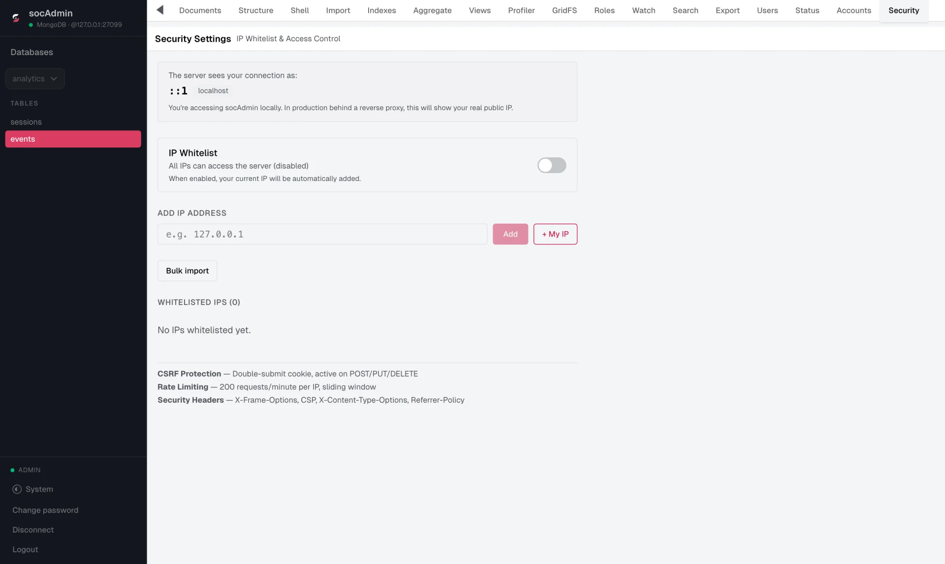 socAdmin security settings with the IP whitelist toggle and the list of active protections